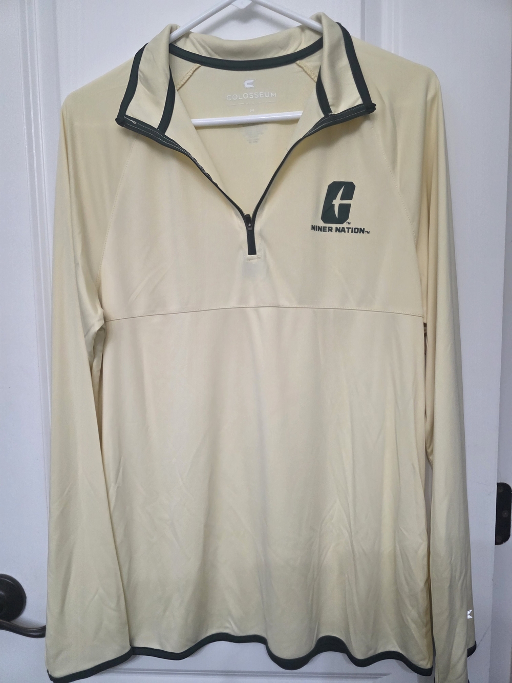 Colosseum Men's Long-Sleeve Quarter-Zip Top in Cream with Dark Green Trim